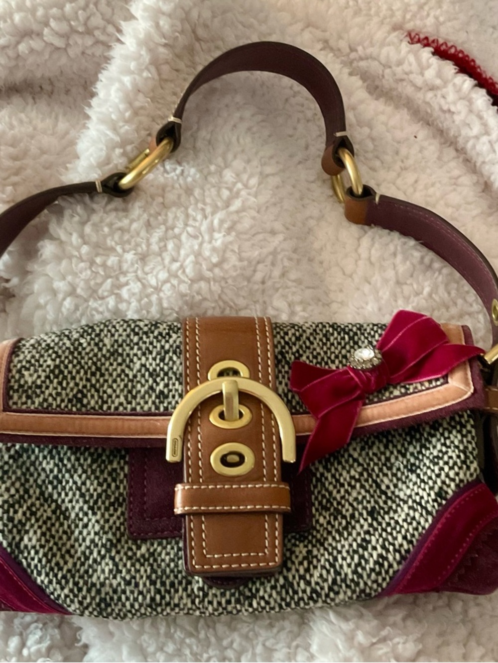 Coach Soho Y2K  Tweed Shoulder Bag with Burgundy Velvet Accents